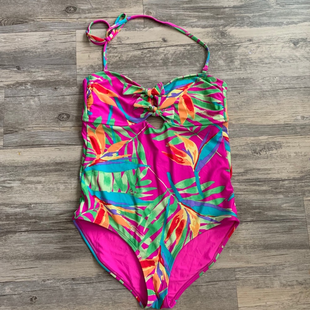 Aerie Leaf Print Halter Tie Front One Piece Swim